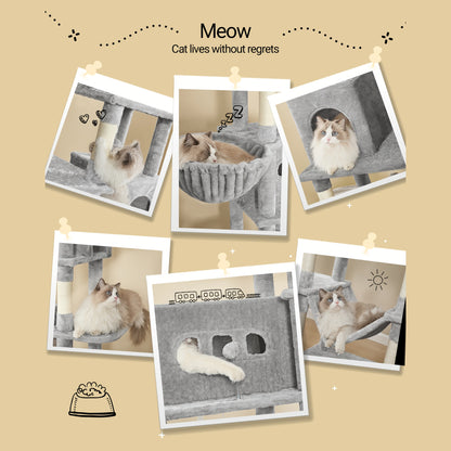 Kattenboom – Krabpaal – Klimpaal – Kattenhuis – Krabmeubel – 210 cm Hoog – 8 Sisal Krabpalen – Lichtgrijs – Met Hangmat en Wasbaar Platform