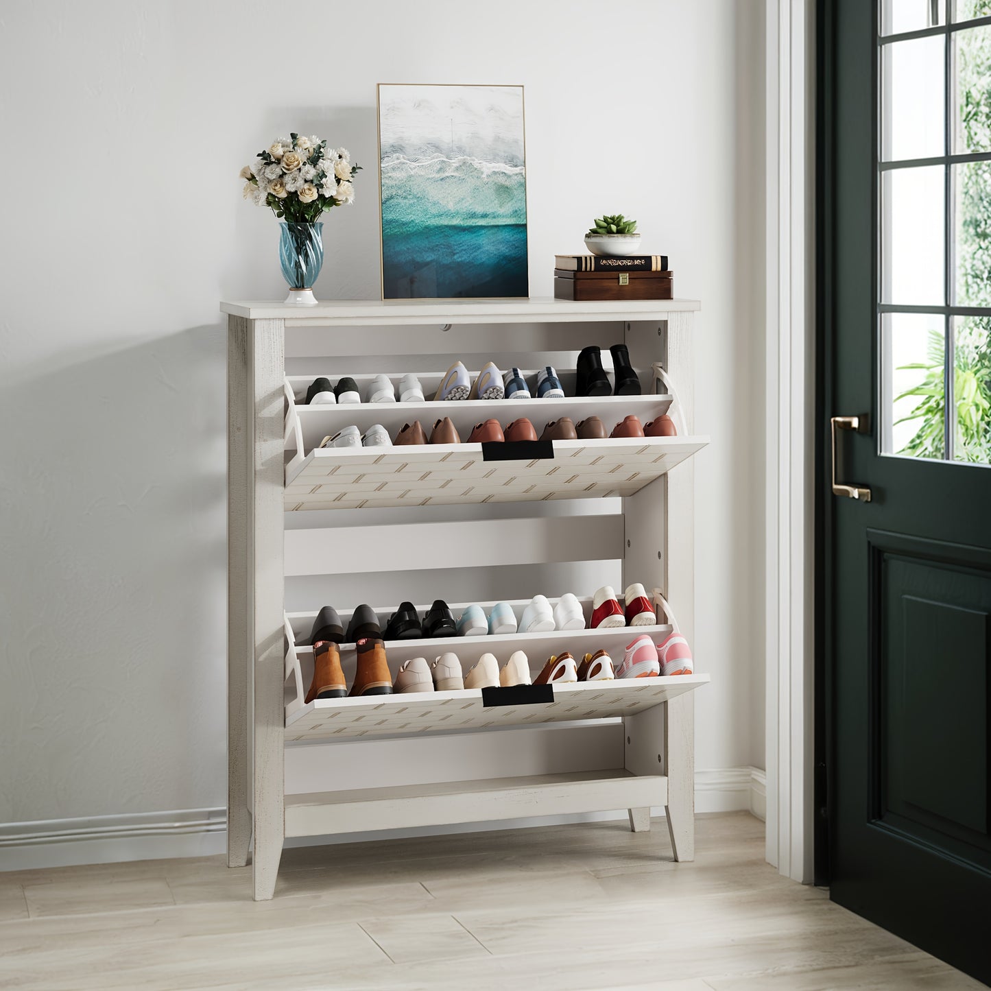 Schoenenkastje – Schoenenopberger – Schoenenrek – Schoenenkast – Schoenendisplay – Wit Vrijstaand Mid-Century Modern – Ruimtebesparend Verticaal Ontwerp – Duurzaam Rattan Materiaal