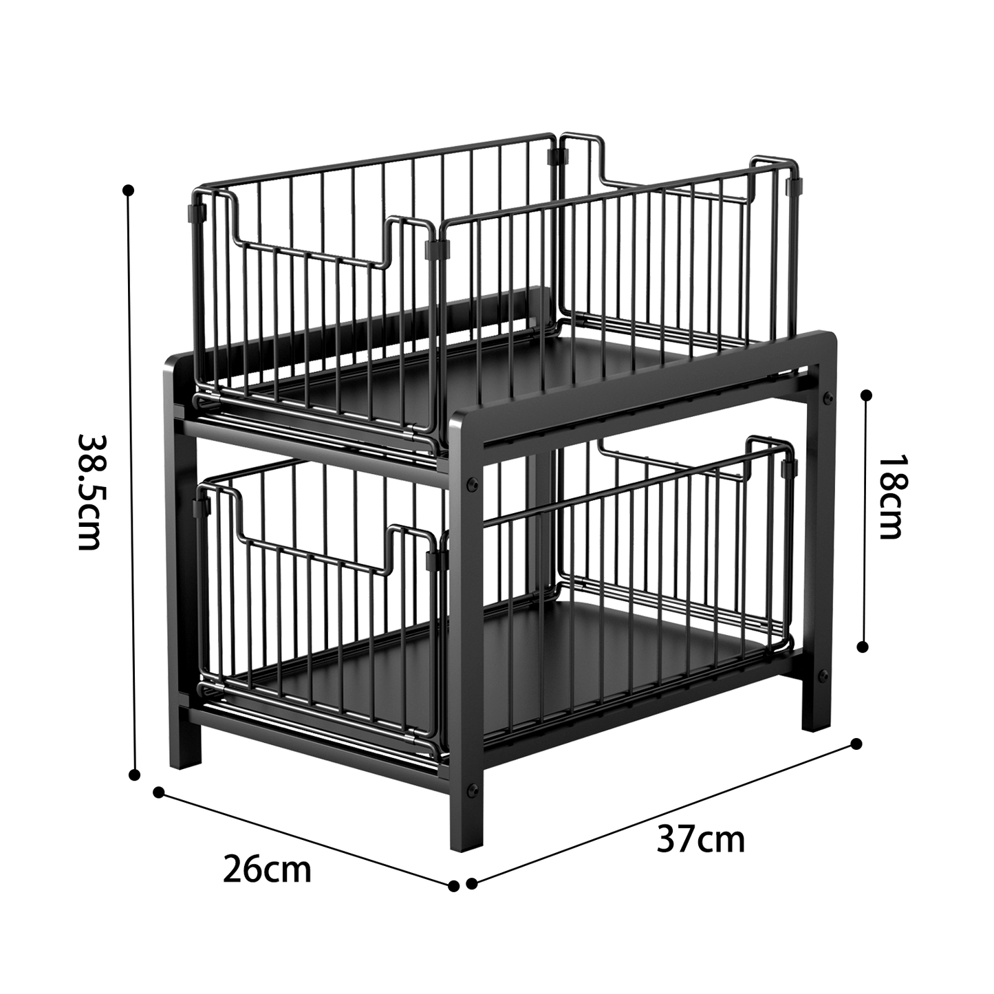Keukenorganizer – Keukenkast Organizer – Gootsteenkast Organizer – Aanrecht Organizer – Badkamer Organizer – 2 Laagse Opberger – Met Uitschuifbare Lade – Metaal – 26x37x38,5 cm – Zwart