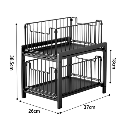 Keukenorganizer – Keukenkast Organizer – Gootsteenkast Organizer – Aanrecht Organizer – Badkamer Organizer – 2 Laagse Opberger – Met Uitschuifbare Lade – Metaal – 26x37x38,5 cm – Zwart