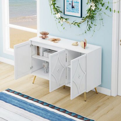 Dressoir – Kast – Sideboard – Opbergmeubel – Schoenenkast – Wit – 3D Geëtst – Gouden Metalen Poten – 120x40x80 cm – Smal Verticaal Design