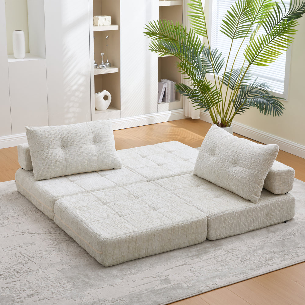 Inklapbare Slaapbank – Slaapbankje – Slaapbank Opklapbaar – Slaapbank Met Kussen – Vouwmatras Met Rugleuning – Beige Chenille Stof – Hoge Dichtheid Schuim