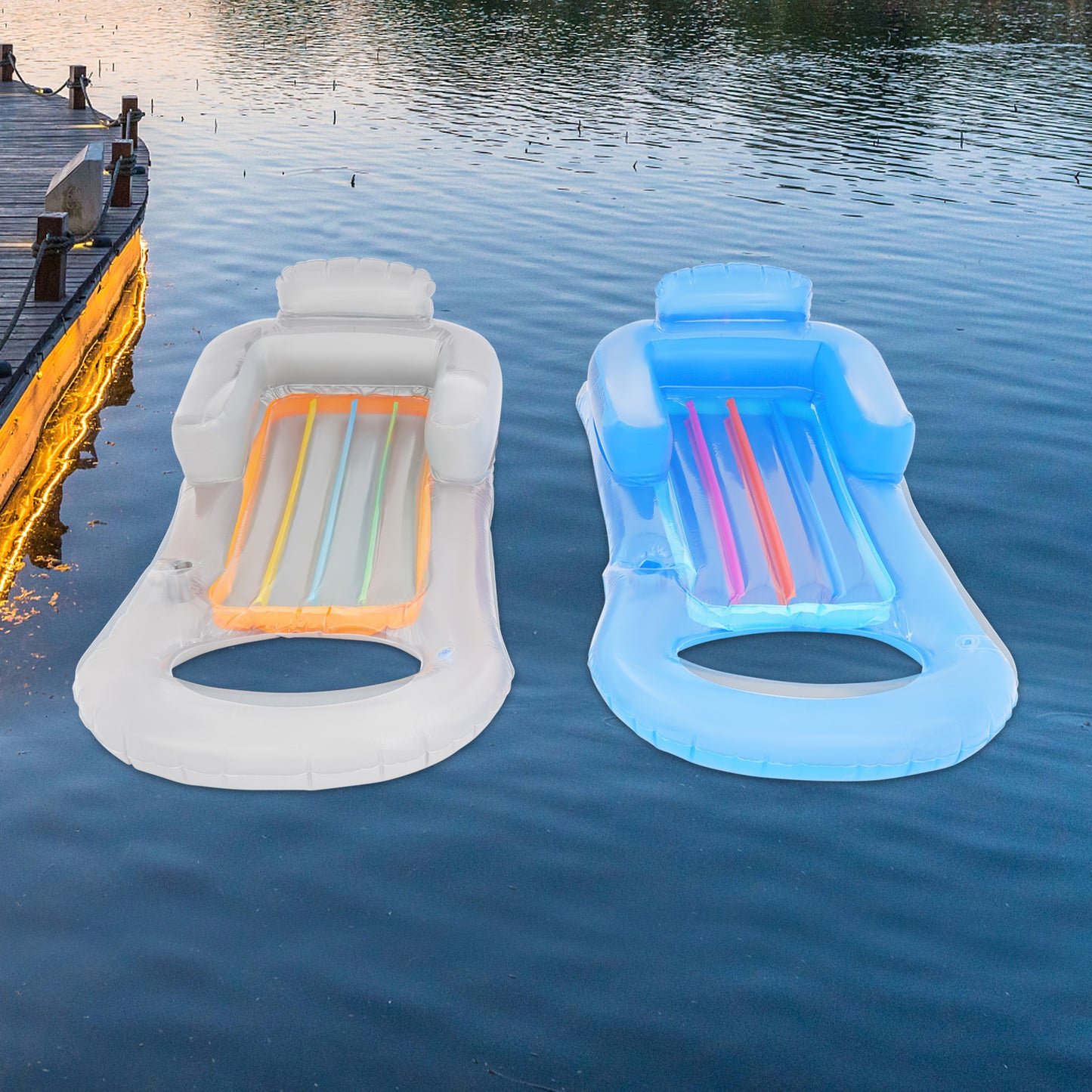 Drijvende Stoel – Drijvende Ligstoel – Lounge Stoel – Waterhangmat – Zwembad Ligbed – Set van 2 – Groot Formaat 160x84 cm – Duurzaam PVC Met Rugleuning & Armsteunen