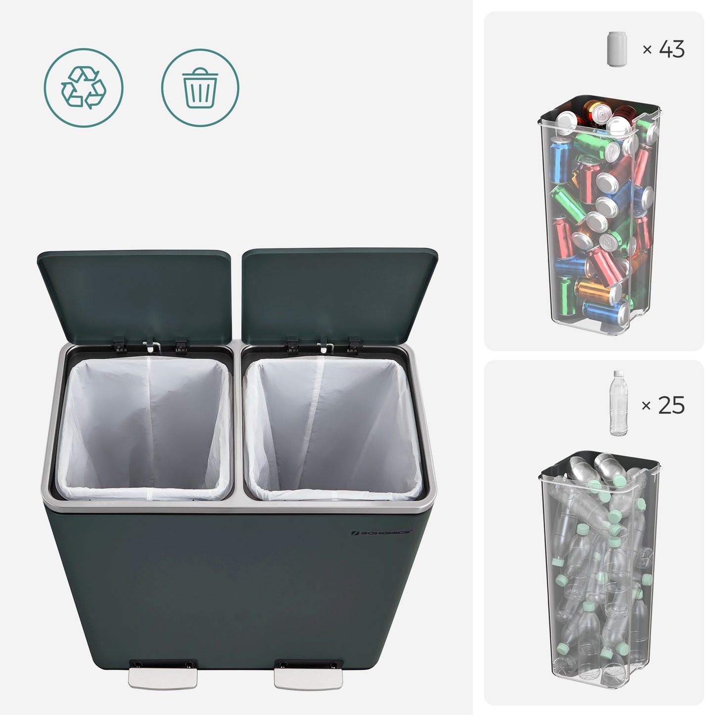 Prullenbak – Afvalemmer – Pedaalemmer – Afvalscheidingsbak – Vuilnisbak – 2 x 30 Liter – Met Metalen Pedaal en Soft Close Deksel – Handige Binnenemmers - 58.6 x 32 x 65 cm - Groenachtig Grijs
