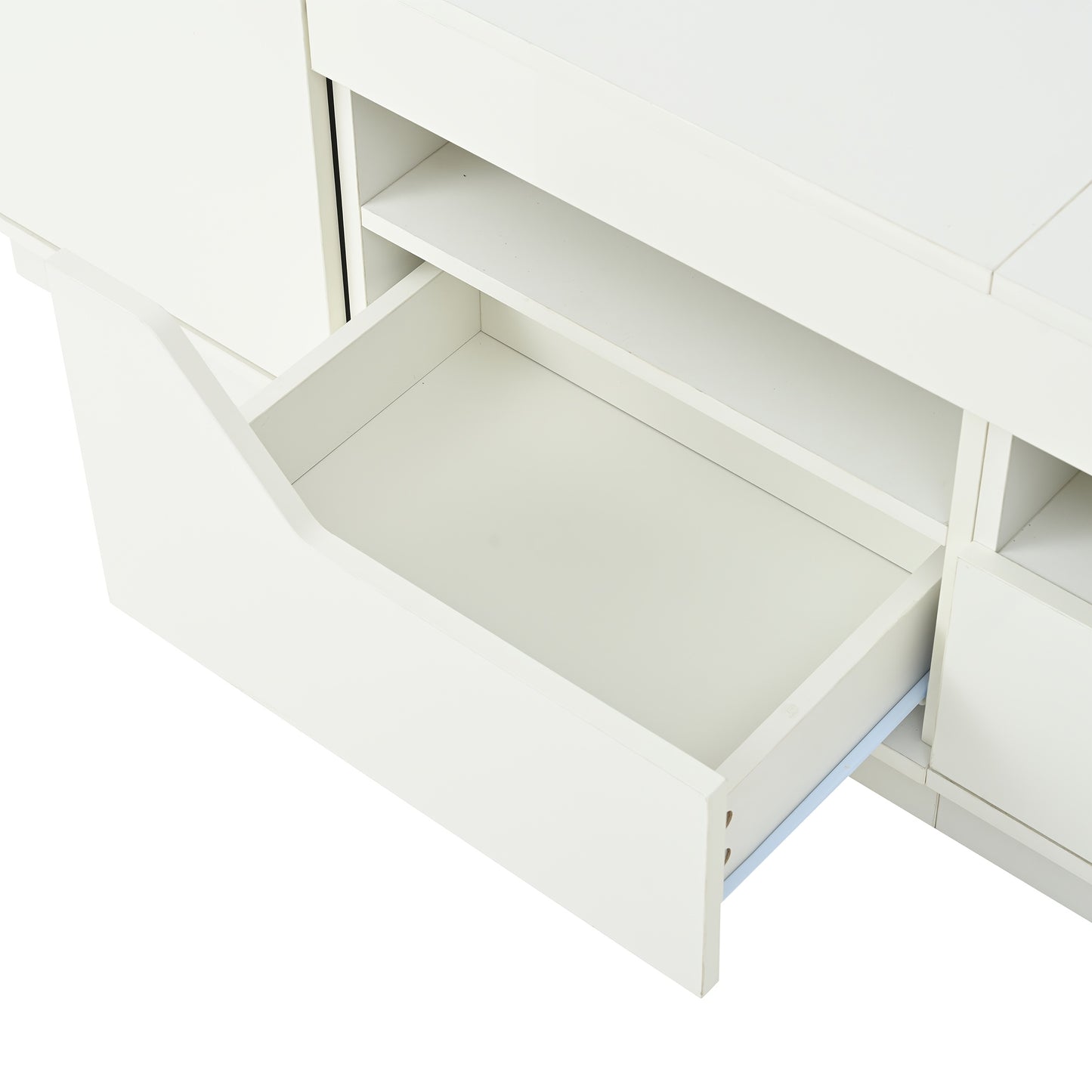 Modern White Freestanding TV Stand with 2 Drawers & 2 Cabinets, TV Board & Storage Shelf - Heavy-Duty Metal Construction, Minimalist Media Console for 75-Inch TVs, Space-Saving Low-Profile Design, Compatible with Large TVs up