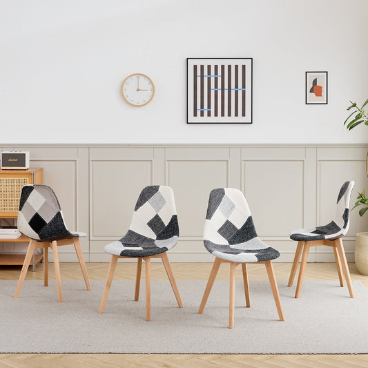 Eetkamerstoel – Stoel – Kuipstoel – Eetkamerstoelen – Keukenstoel – Scandinavisch Design – Ergonomisch – Beukenhouten Poten – Linnen Bekleding – Sponsvulling – Zwart-Wit Geruit