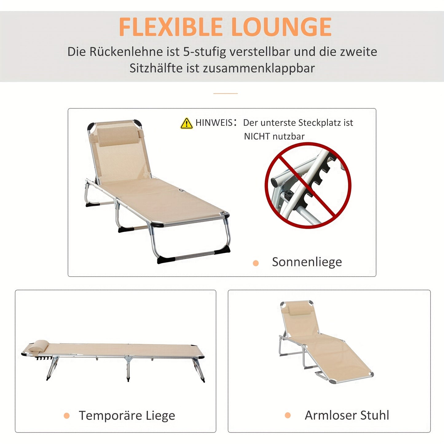 Lounge Chair Aluminum 5-fold Adjustable Folding, Ergonomic, Beige Mesh Fabric 170x60x76 Cm, For Garden And Terrace