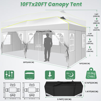Pop-up Partytent 3x6m – Vouwtent – Evenementtent – Feesttent – Marktstand – Zes Afneembare Zijwanden – Fluorescerende Strepen