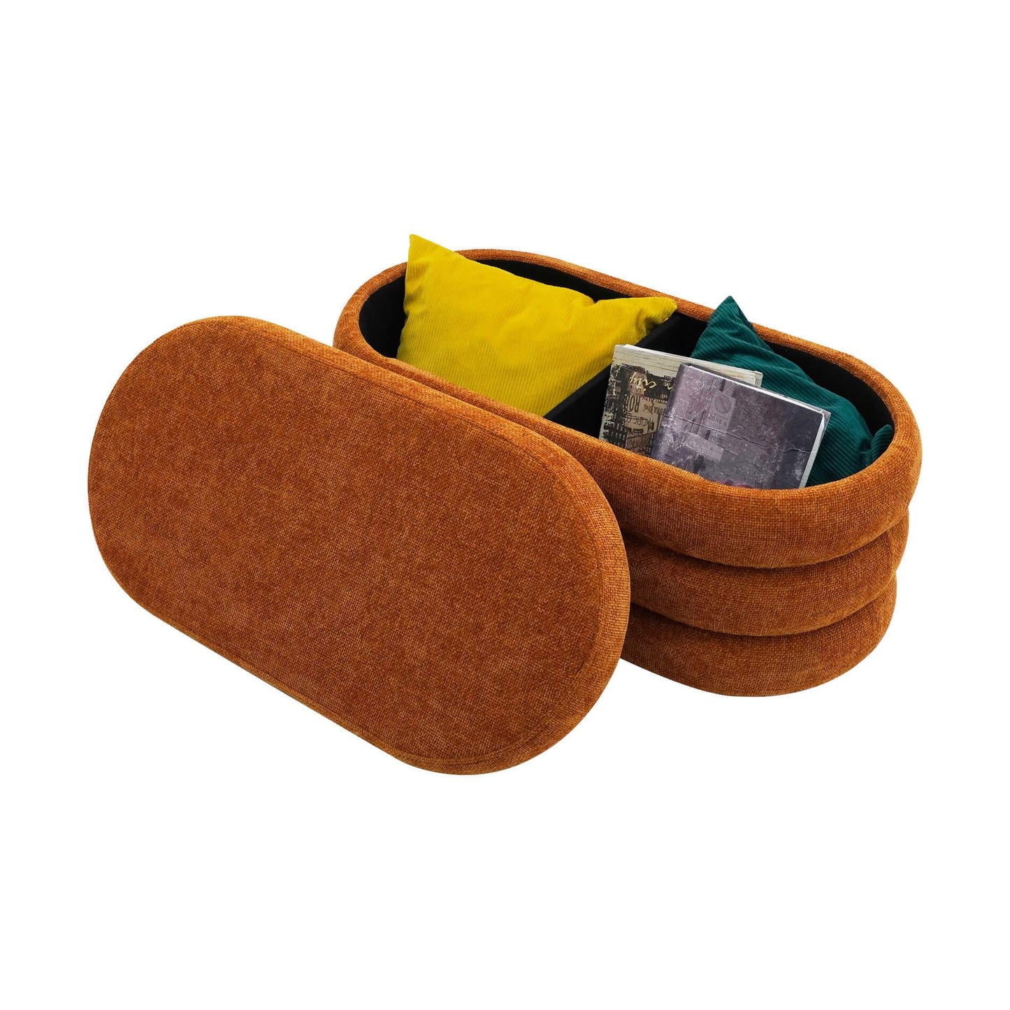 Rebecca Mobile Pouf, Long Oval Pouf, White Orange Green Grey, Polyester Fabric MDF, with Storage Compartment, for Living Room Bedroom - Measurements Hxlxp: 38 X 76 X 38 Cm
