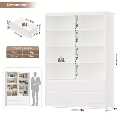Boekenkast – Boekplank – Boekenrek – Opslagkast – Vakkenkast – 6-Lagen Met Lades – Wit Hout