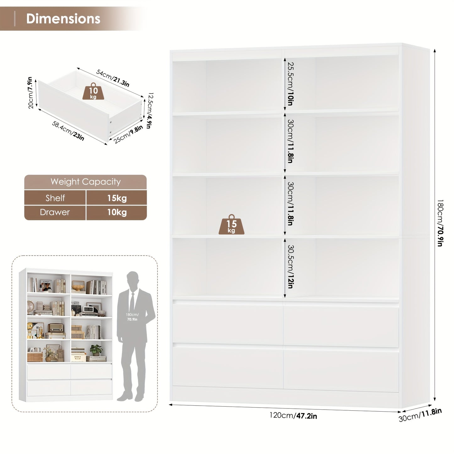 Boekenkast – Vakkenkast – Boekenrek – Opbergkast – Wandkast – Wit Houten Design – 6 Laags Met Lade – Compact & Stevig – Modern Mat Afgewerkt – 68,5 cm Hoog