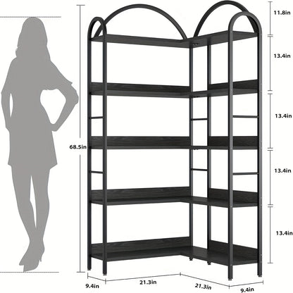 1pc Heavy-Duty Industrial Metal L-Shaped Corner Bookshelf with 5-Tier Arched Shelving Unit - Freestanding Floor Shelf with Sturdy A-Frame Design, Easy Assembly & Space-Saving Shelving for Living Room, Bedroom, Home Office - M