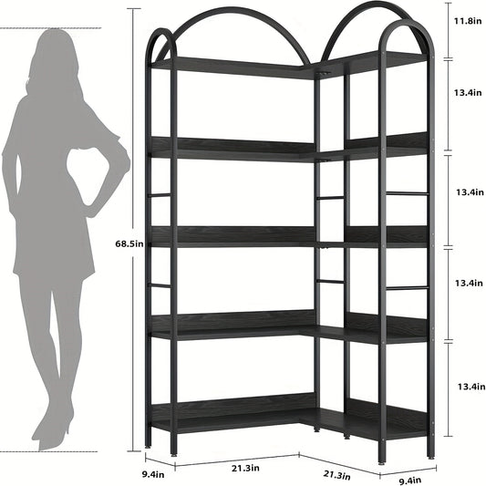 1pc Heavy-Duty Industrial Metal L-Shaped Corner Bookshelf with 5-Tier Arched Shelving Unit - Freestanding Floor Shelf with Sturdy A-Frame Design, Easy Assembly & Space-Saving Shelving for Living Room, Bedroom, Home Office - M