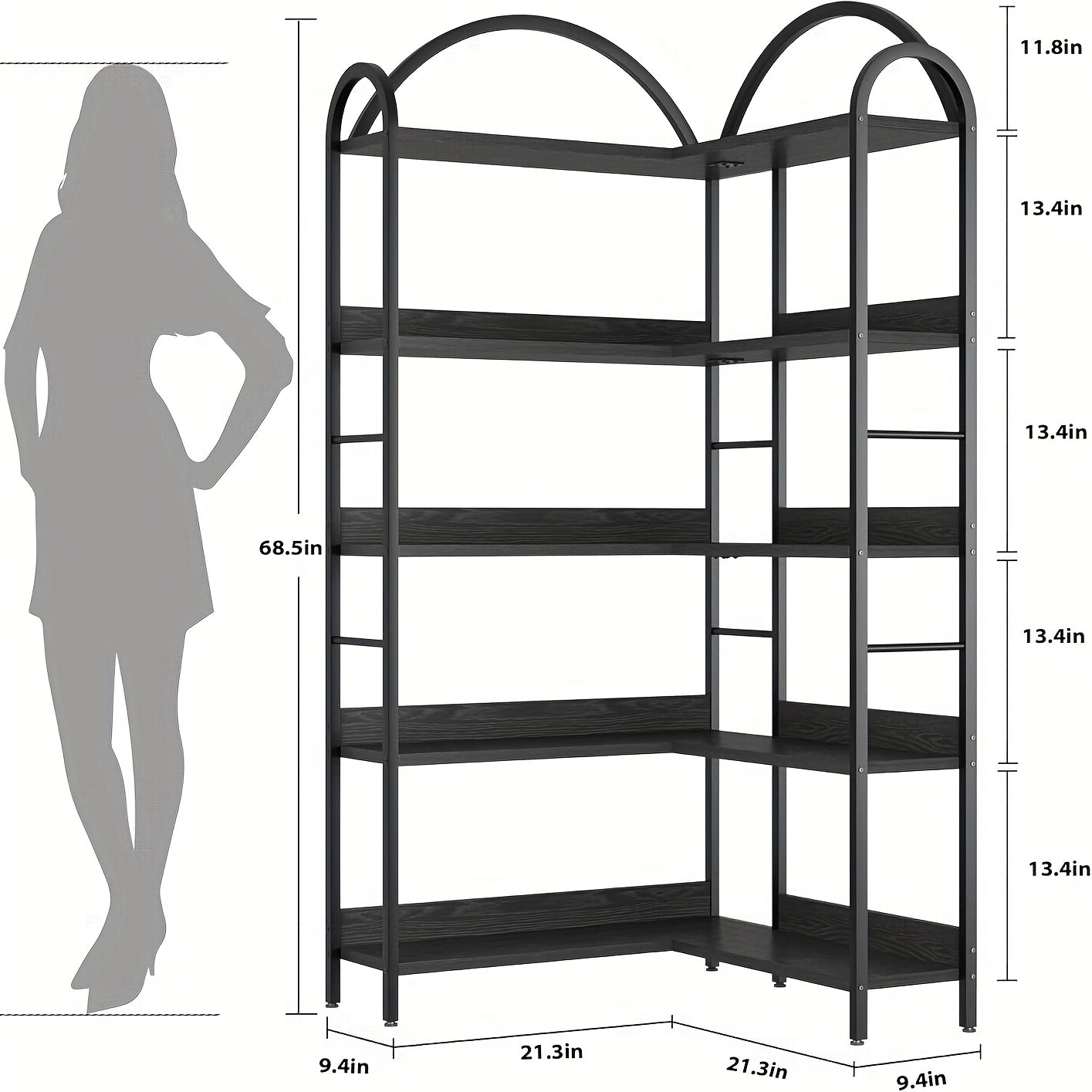 Boekenplank – Boekenrek – Wandplank – Boekenhouder – Boekenkast – Industrieel Metalen Hoekrek – 5-Lagen Boogvormige Planken – Vrijstaand en Stevig A-Frame Design