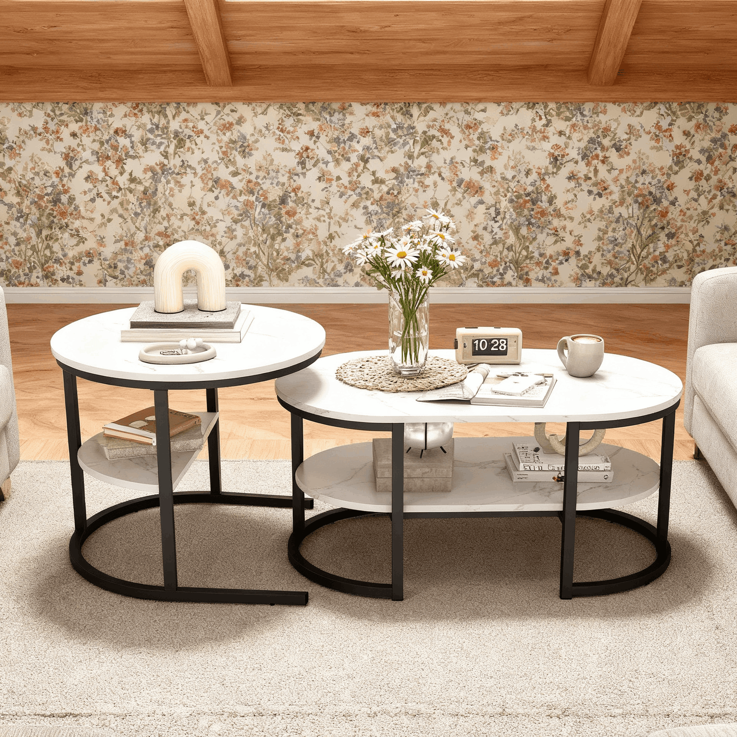 Ronde Salontafels – Bijzettafels – Snacktafels – Nesting Tafels – Zwart – Marmerlook – Compact Design – Stevig MDF Metalen Frame