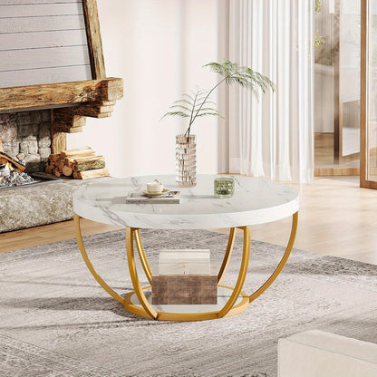 Salontafel – Koffietafel – Woonkamertafel – Bijzettafel – Tafel – Modern – Ronde 2-laags – Wit marmerlook MDF blad – Gouden metalen poten