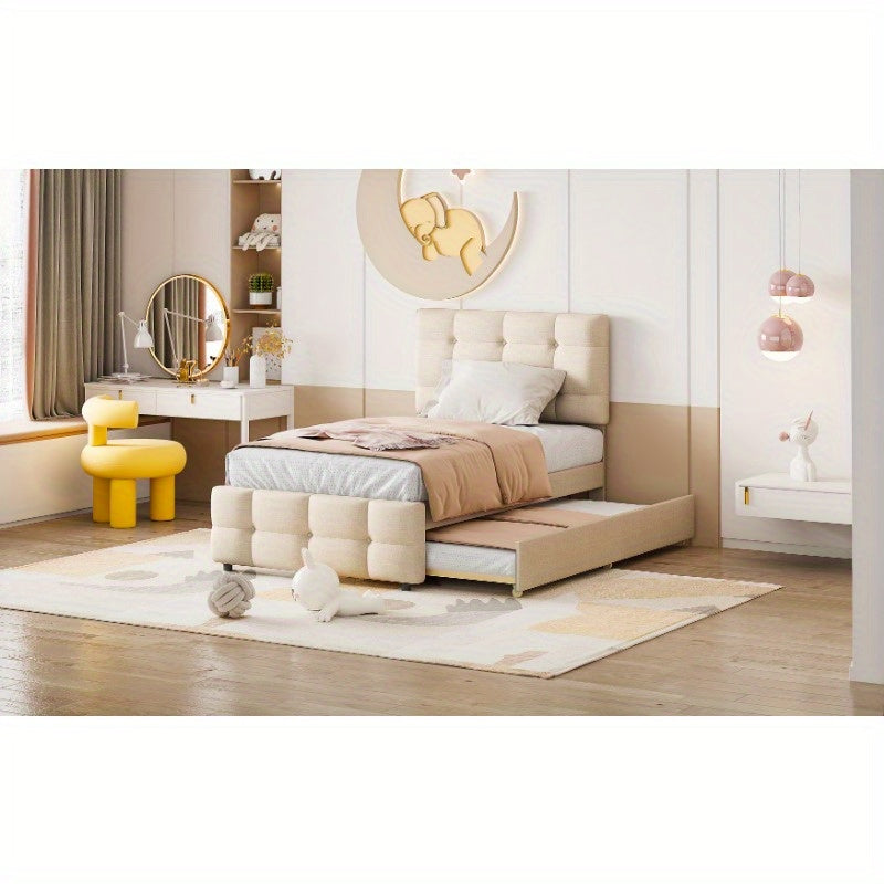 Uittrekbed – Bedbank – Sofa Bed – Dagbed – Logeerbed – Inklapbaar – 140x200 cm – Met Opberglades – Beige Linnen Bekleding