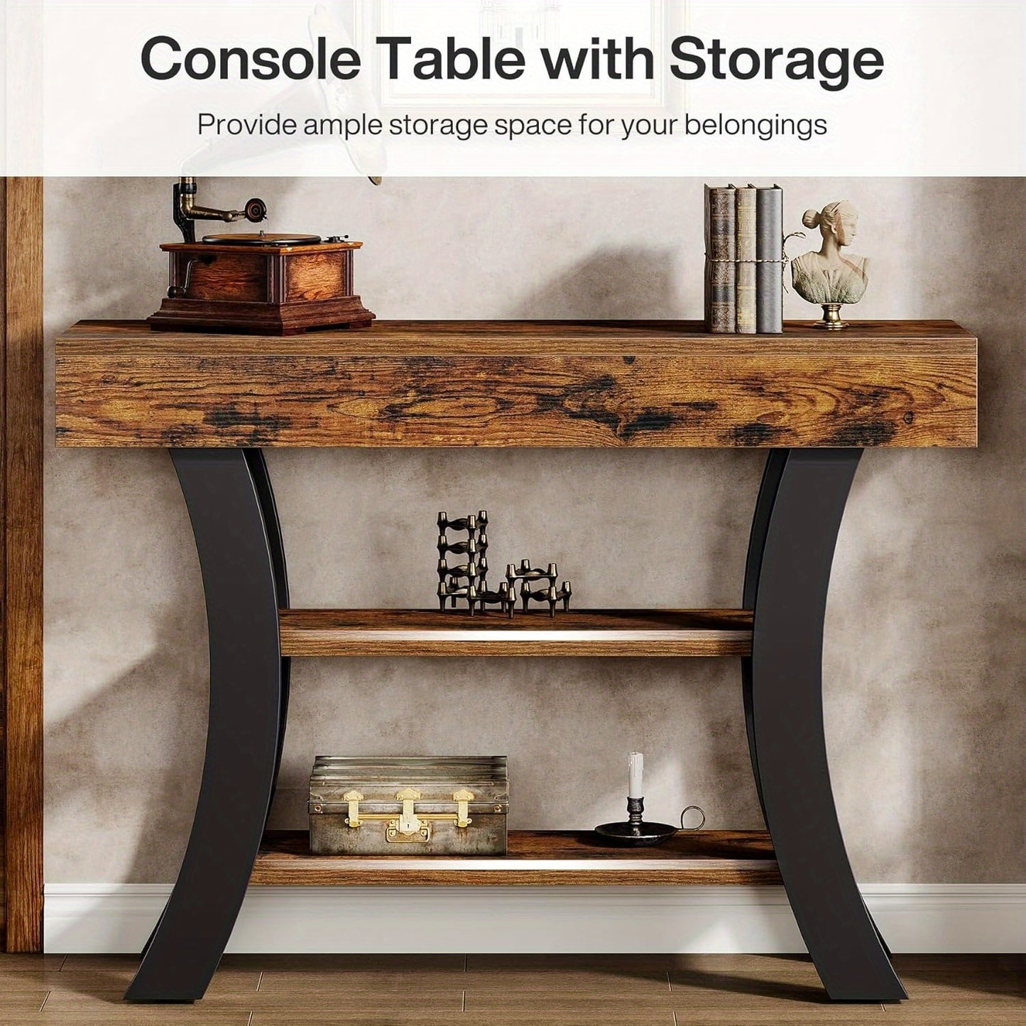 Sidetable – Haltafel – Sofa Tafel – Console Tafel – Wandtafel – 104 cm – 3 Opbergplanken – Rustic Brown – Gebogen Frame