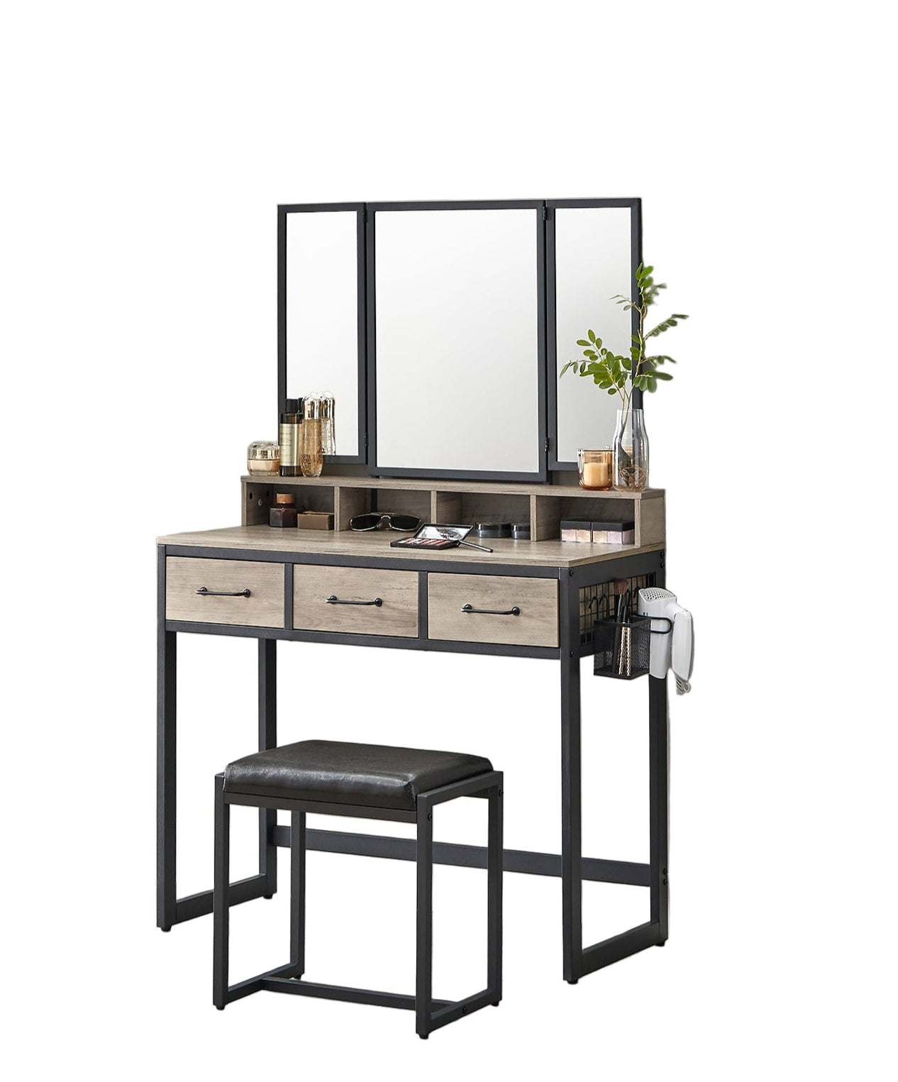 Kaptafel – Make-up Tafel – Opmaaktafel – Cosmetica Tafel – Schoonheidstafel – Industriële Stijl – Drie Lades & Driedelige Spiegel