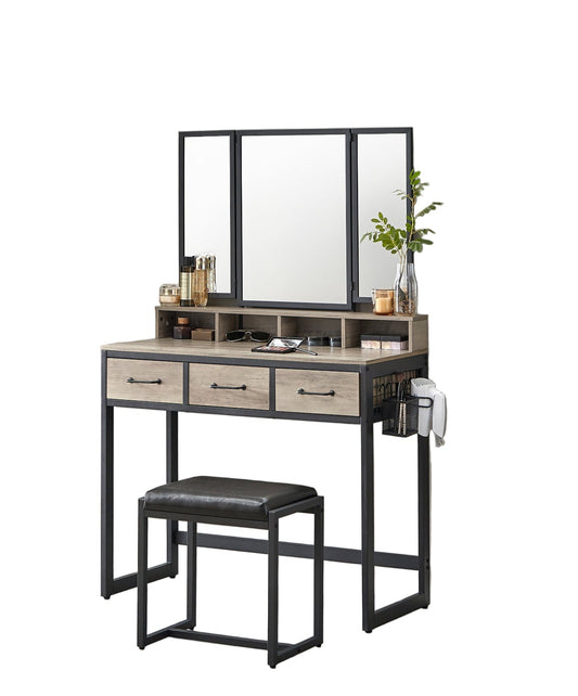 Kaptafel – Make-up Tafel – Opmaaktafel – Cosmetica Tafel – Schoonheidstafel – Industriële Stijl – Drie Lades & Driedelige Spiegel