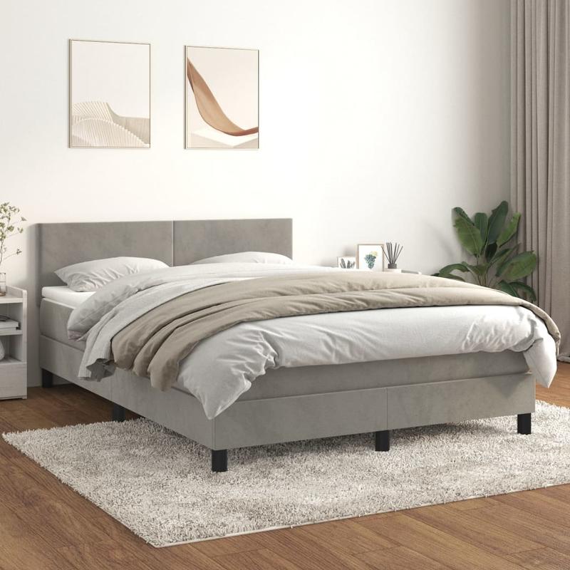 Modern Light Gray Queen Size Box Spring Bed with Mattress - Low-Profile Bed Frame, Fire-Resistant, Easy Assembly, Soft Fabric-like Upholstery & Sturdy System (140x190cm) for Single/Double Bed Compatibility