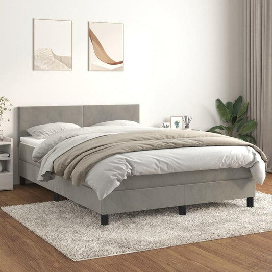 Modern Light Gray Queen Size Box Spring Bed with Mattress - Low-Profile Bed Frame, Fire-Resistant, Easy Assembly, Soft Fabric-like Upholstery & Sturdy System (140x190cm) for Single/Double Bed Compatibility