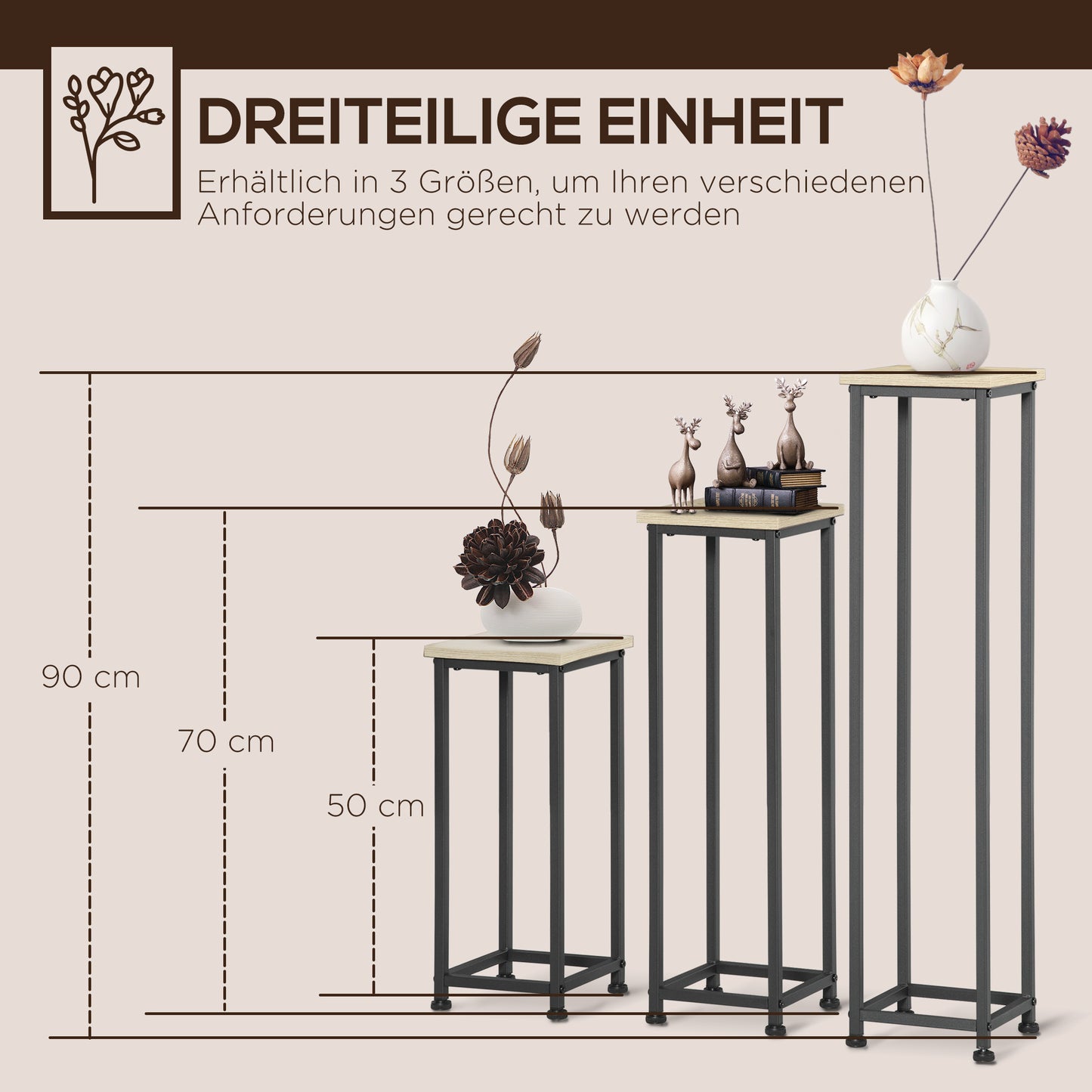 Plantenstandaards – Plantenhouders – Bloemstandaards – Plantenrekken – Naturel Houtlook – Stijlvol Industrieel Design – 3x Stapelbaar – Metalen Frame