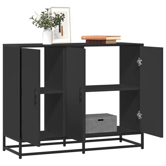 Modern Black Sideboard Cabinet with Glass Doors & Open Shelves - 94x35x76cm, Hardwood Frame, Removable Storage Box, Sturdy Metal Legs, Perfect for Living Room or Office Decor, Cabinet Storage, Minimalist Design, Metallic Hand