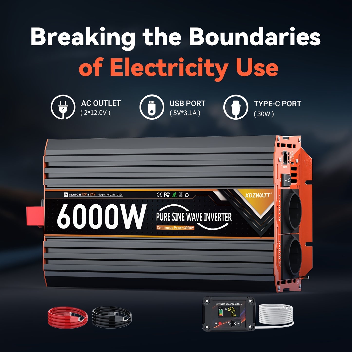 Zuivere Sinusomvormer – 12V naar 230V Omvormer – DC naar AC Converter – Spanningsomzetter – Inverter – 3000W Continu, 6000W Pieken – 2 Stopcontacten & 30W USB-C – LCD Display & Afstandsbediening