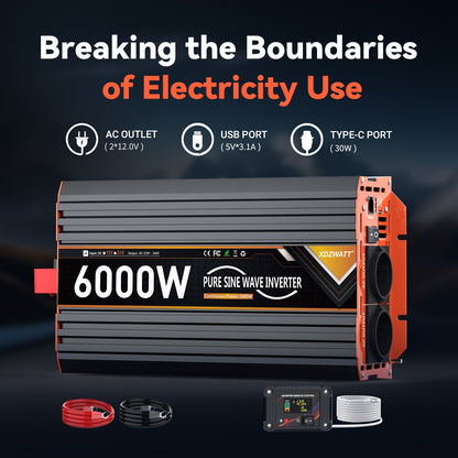 Omvormer – Spanningsomvormer – Stroomomzetter – Stroominverter – 24V 6000W EU – Pure Sinusgolf – 2 Stopcontacten met USB Type-C & LCD display