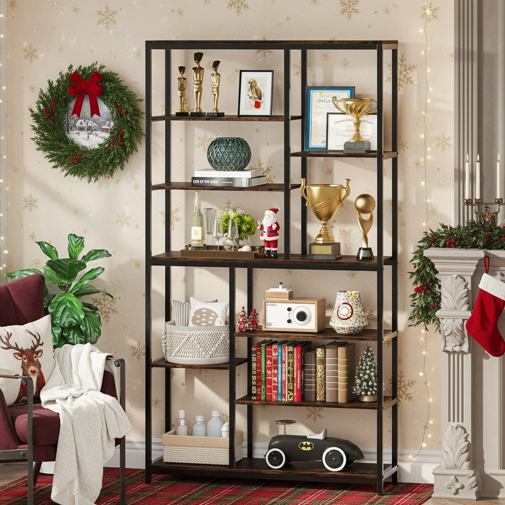 Boekenplank – Boekenkast – Opbergkast – Wandrek – Vakkenkast – Industrieel design – 8-laags Afgestag-erd Metalen Frame Met Hout – Grote Vrijstaande Opbergruimte van 200 cm Hoog