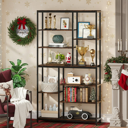 Boekenplank – Boekenkast – Opbergkast – Wandrek – Vakkenkast – Industrieel design – 8-laags Afgestag-erd Metalen Frame Met Hout – Grote Vrijstaande Opbergruimte van 200 cm Hoog