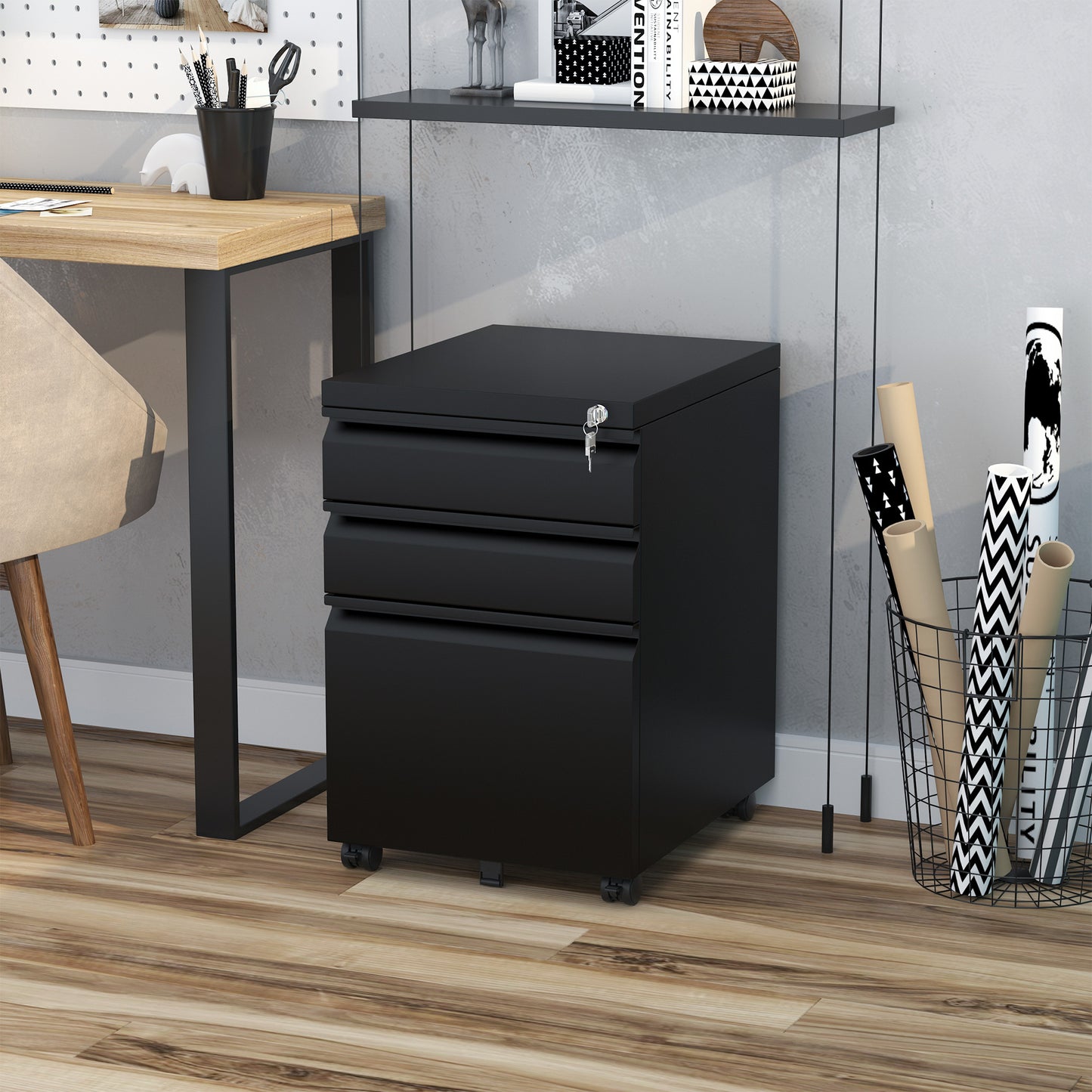Rollcontainer – Ladenkast – Archiefkast – Bureaukast – Opbergkast – Zwart Stalen Bureaukast – 3 Laden Met Centrale Vergrendeling – 4 Zwenkwielen, Compact 39x48x60 cm