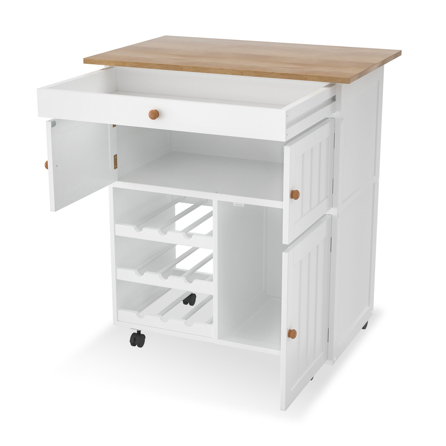 Kitchen Trolley on Wheels with Bottle Rack, Side Shelves And Cabinet with Soft-Close Hinges, Kitchen Cabinet with Towel Rack And Rubberwood Top