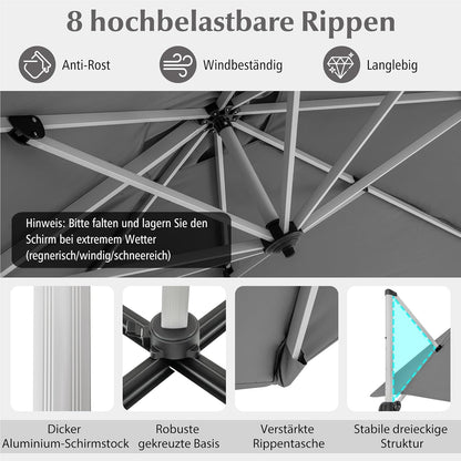 Zweefparasol – Hangparasol – Tuinparasol – Balkonscherm – Terrasparasol – Vierkant – 300x300 cm – Kantelbaar & 360° Draaibaar – Aluminium Frame & Waterafstotend Doek