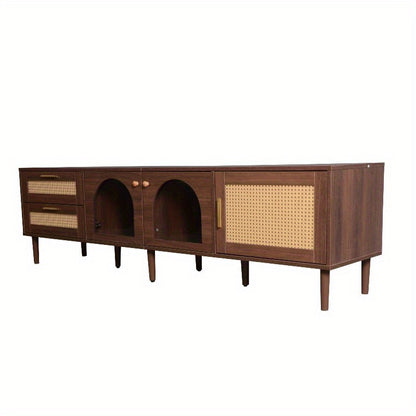 180cm TV Meubel – Tv Stand Living Room – Meubel Tv Met Rattan Lades – Tv Kast Met Glasdeuren – Entertainment Center – Metaal Frame – Stijlvol Design