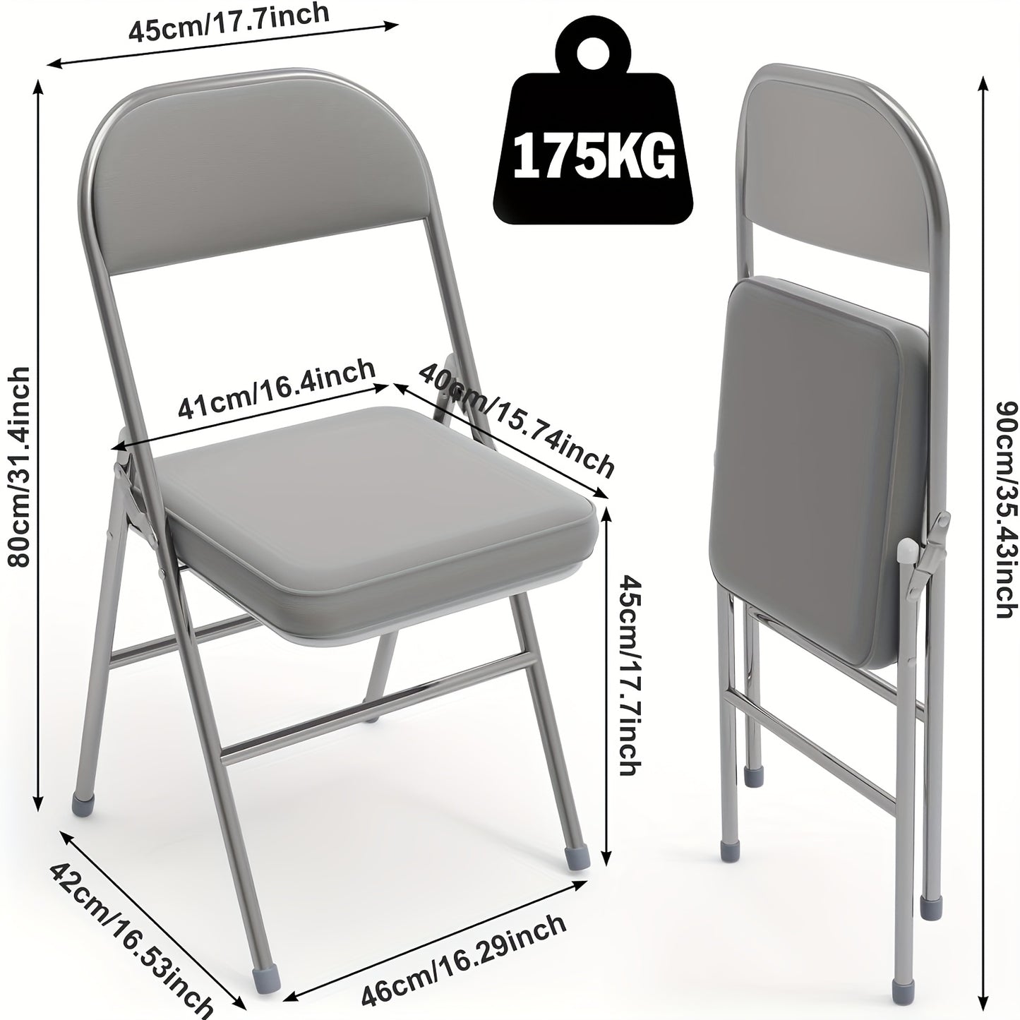 Set of 4 metal folding chairs upholstered in leather, indoor folding chairs, comfortable PU folding chair, foldable, space-saving, for parties picnics, Grey
