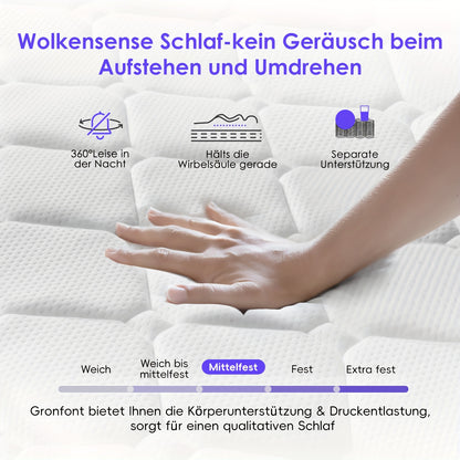 Pocketveringmatras – Eenpersoonsmatras – Matrassen – Slaapsysteem – 90 x 200 cm – 22 cm Hoog – Stevigheid H3 – Ergonomisch 7-Zones Pocketvering – Inclusief Katoenen Hoes