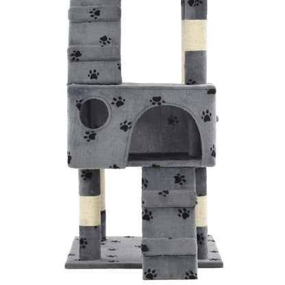 Multi-Level Cat Tree Tower with Sisal Scratching Posts, Stable Base & Paw Print Design - 170cm Tall Modern Cat Activity Center with Hanging Bed, Playrooms & Stairs - Space-Saving Indoor Cat Furniture for Living Room, Balcony