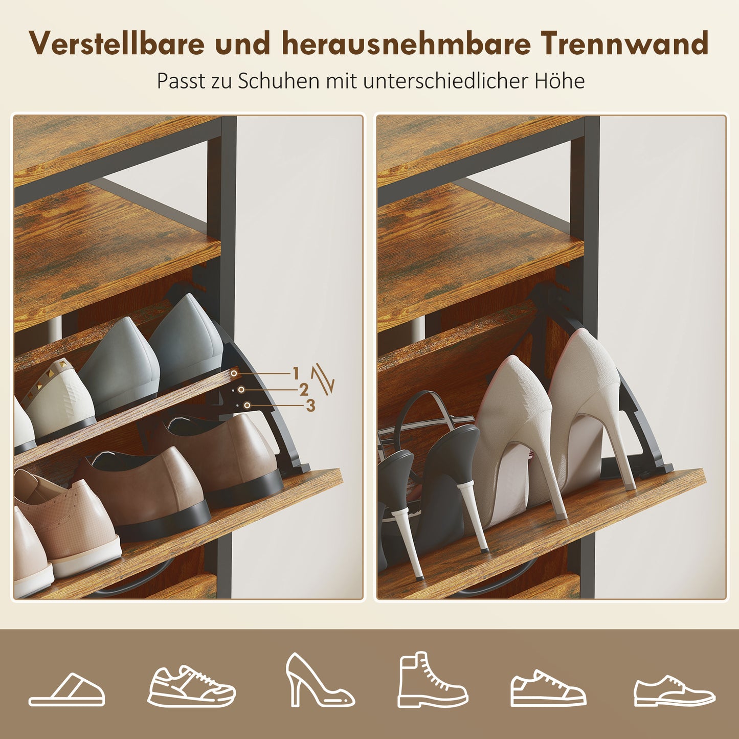 Schoenenkast – Schoenenrek – Schoenenopberger – Schoenendisplay – Schoenenmeubel – Rustic-Bruin – Smal Ontwerp – 4 Opvouwbare Lades