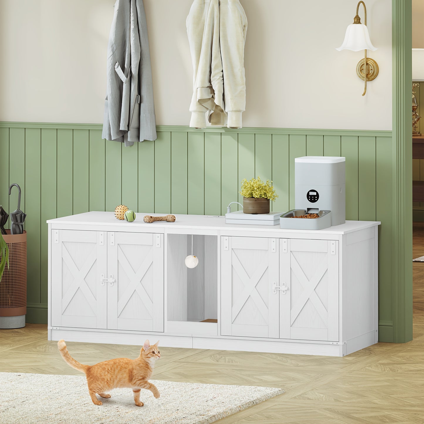Kattenhuis – Kattenmeubel – Kattenkast – Kattenbakmeubel – Verstopte kattenbak – 140 cm Groot – Met USB Poorten en Stopcontacten – Wit