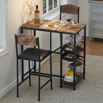 Bar Tafelset – Barset – Barkrukken Set – Bistro Set – Keuken Tafelset – Compact Design – Gestoffeerde Stoelen met Voetensteun – Stevig MDF en Metalen Frame – Eenvoudig Zelf Te Monteren – Vintage Bruin