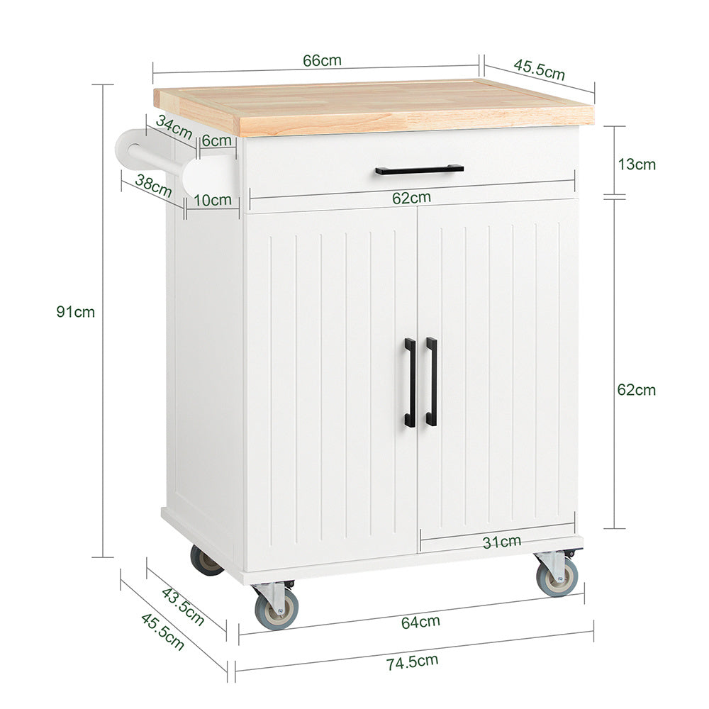 Keukentrolley – Keukenwagen – Serveerwagen – Opbergkast – Werkbank – Rubberhouten Werkblad – Wielen Met Rem – MDF Kast – 74x91x46 cm – FKW119-WN