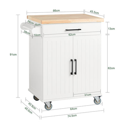 Keukentrolley – Keukenwagen – Serveerwagen – Opbergkast – Werkbank – Rubberhouten Werkblad – Wielen Met Rem – MDF Kast – 74x91x46 cm – FKW119-WN