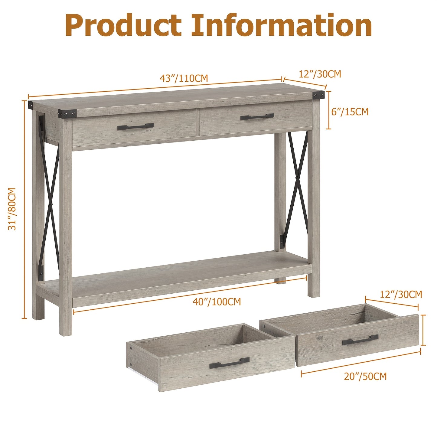 Farmhouse Sidetable – Wandtafel – Halmeubel – Sofa Tafel – Console Tafel – 2 Lades – Stevig MDF & Metalen Frame – Compact & Ruimtebesparend – Grijs
