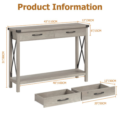 Farmhouse Sidetable – Wandtafel – Halmeubel – Sofa Tafel – Console Tafel – 2 Lades – Stevig MDF & Metalen Frame – Compact & Ruimtebesparend – Grijs