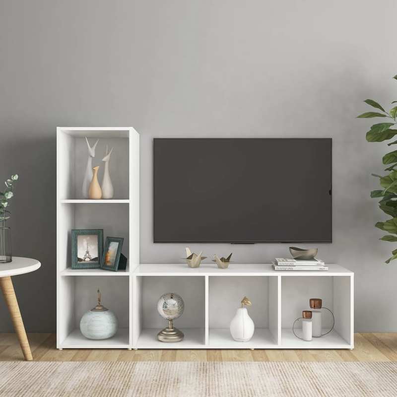 2pcs White Modern Minimalist Floating TV Stand with Storage Shelves - Heavy-Duty Hardwood Construction, Space-Saving Wall-Mounted Media Console, Freestanding or Wall-Mounted, No Batteries/Electricity Required, Easy Assembly f