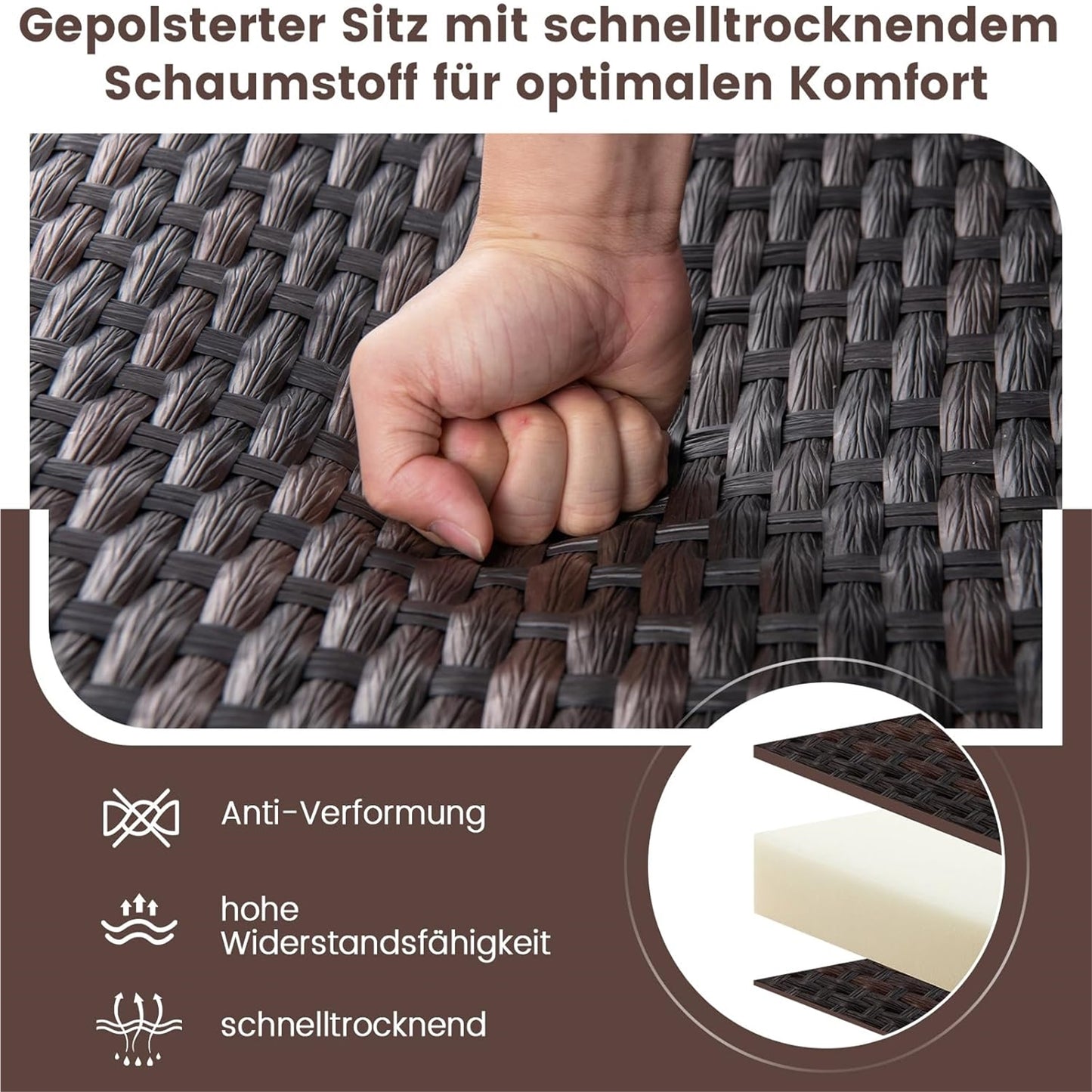 3-Delige Balkonset – Rattan Balkonmeubel – Tuinmeubelen – Terras Set – Buitenmeubilair – Gevlochten Rattan – Comfortabele Gevoerde Stoelen – Tempered Glas Tafel