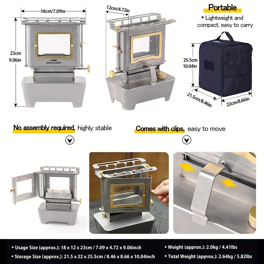 Houtkachel – Campingkachel – Outdoor Stove – Kooktoestel – Verwarmer – Roestvrijstaal – Glazen Kijkvenster – Compact & Draagbaar – Instelbare Vlamregeling