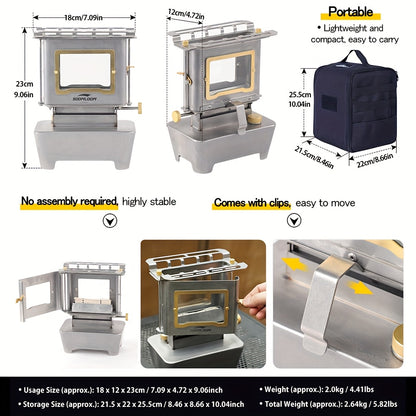 Houtkachel – Campingkachel – Outdoor Stove – Kooktoestel – Verwarmer – Roestvrijstaal – Glazen Kijkvenster – Compact & Draagbaar – Instelbare Vlamregeling